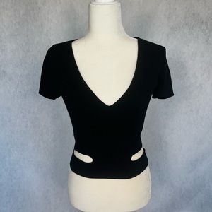 Black V neck ribbed crop top with hollowed out sides size small short sleeve